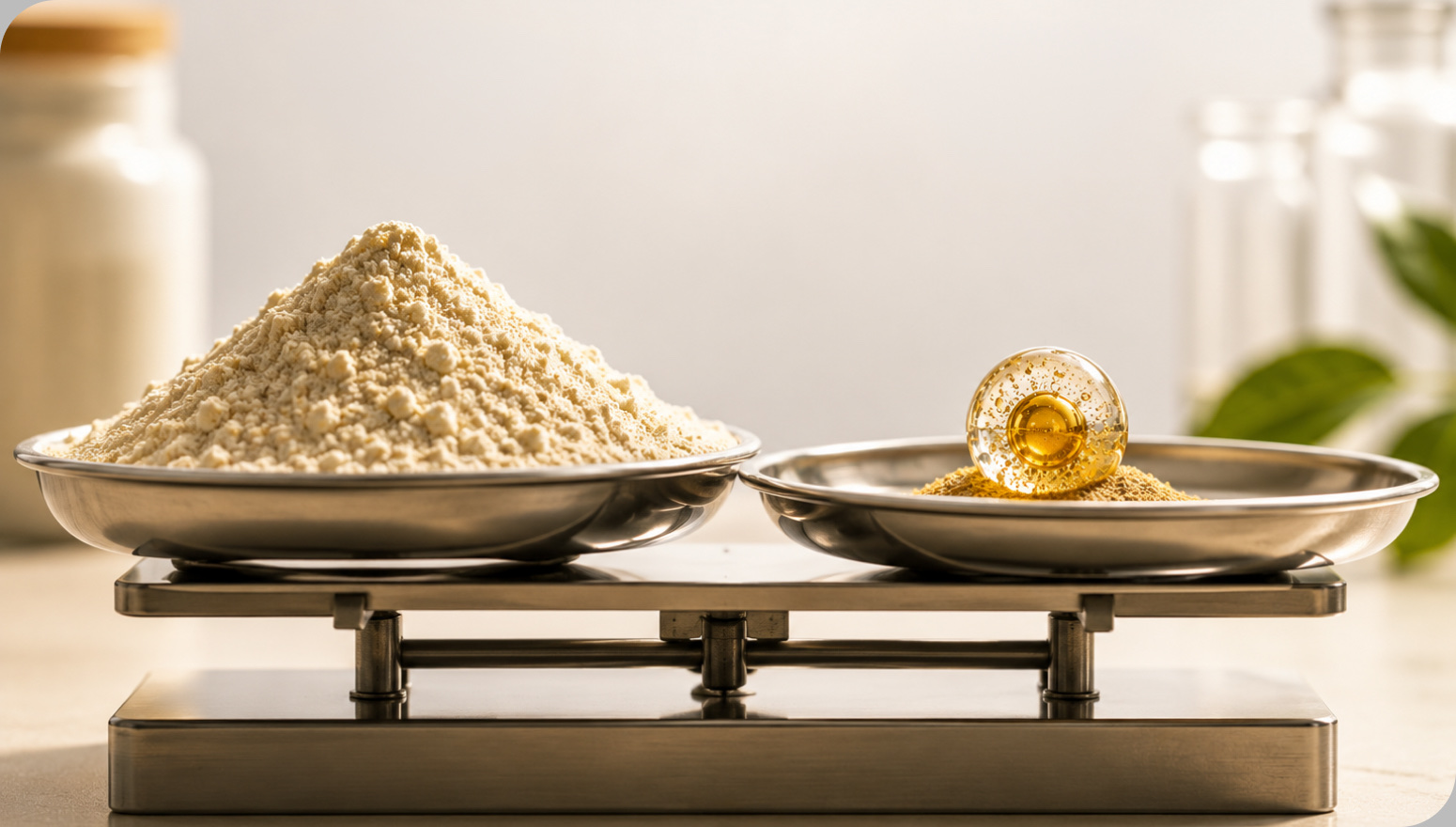 Balance scale comparing a large pile of powder to a small amount of concentrated microencapsulated ingredient