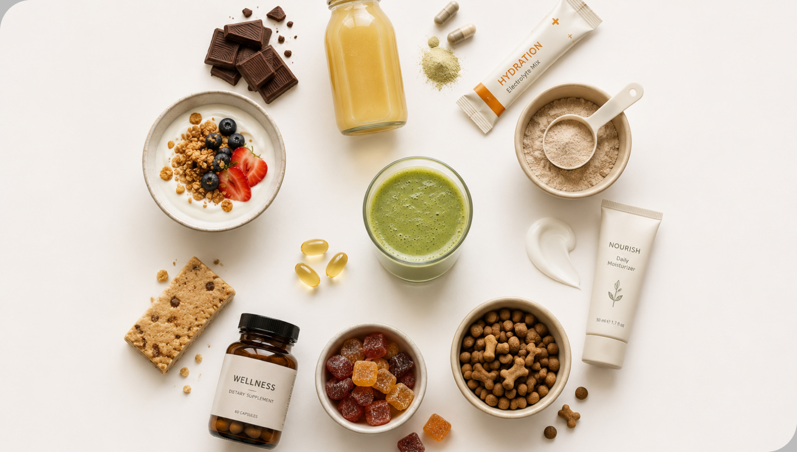 Assortment of foods, supplements, and wellness products arranged around a green smoothie