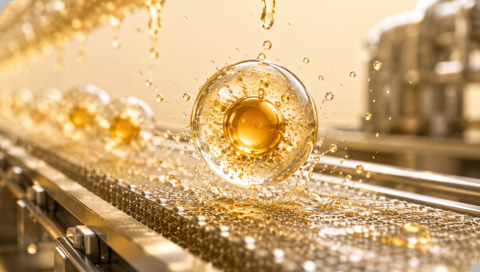 Microencapsulated spheres on a production line with golden liquid splash