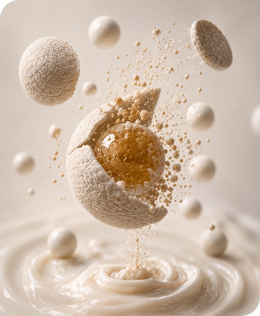 Microcapsule breaking open to reveal a golden active core