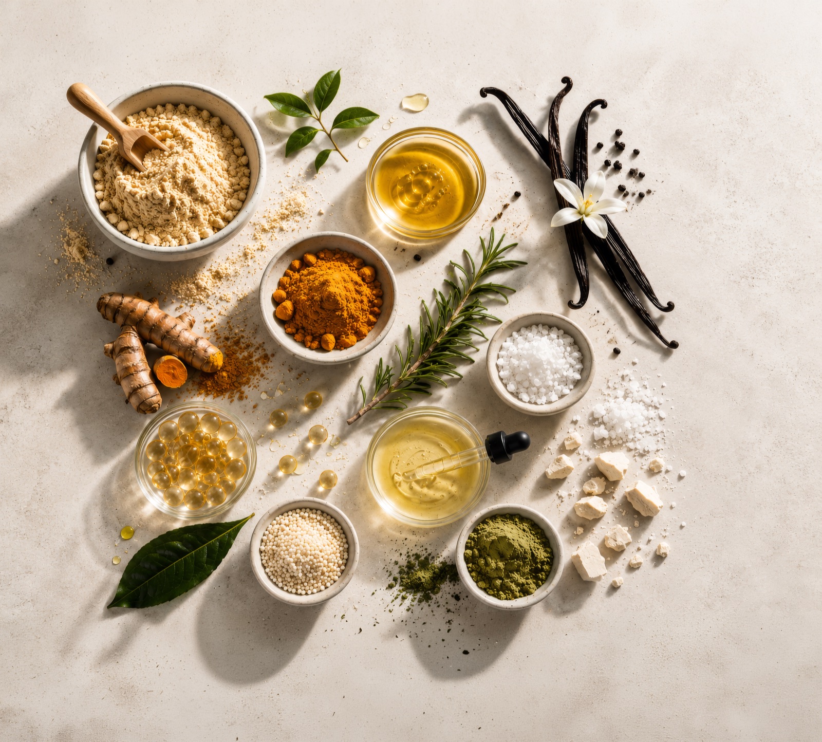 Assortment of natural ingredients, powders, oils, and botanicals
