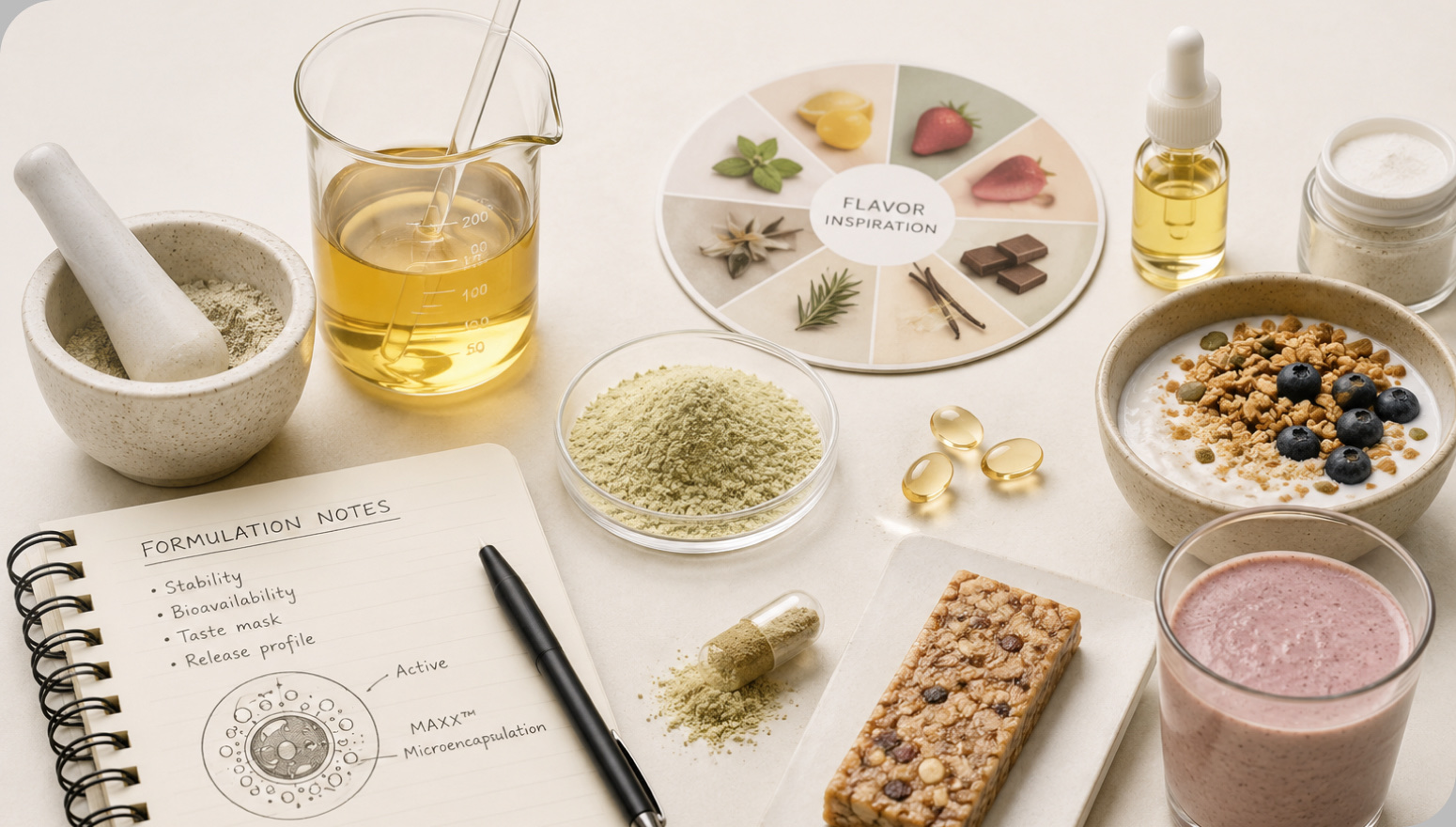 Formulation notes, ingredients, and finished foods arranged on a studio surface