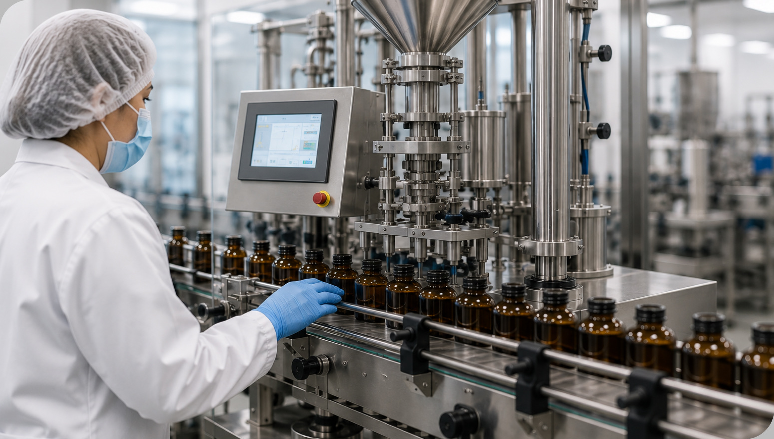 Technician monitoring amber bottles on a stainless steel filling line