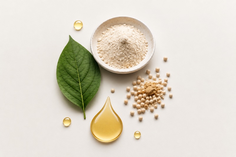Raw ingredients including powders, oils, and botanicals