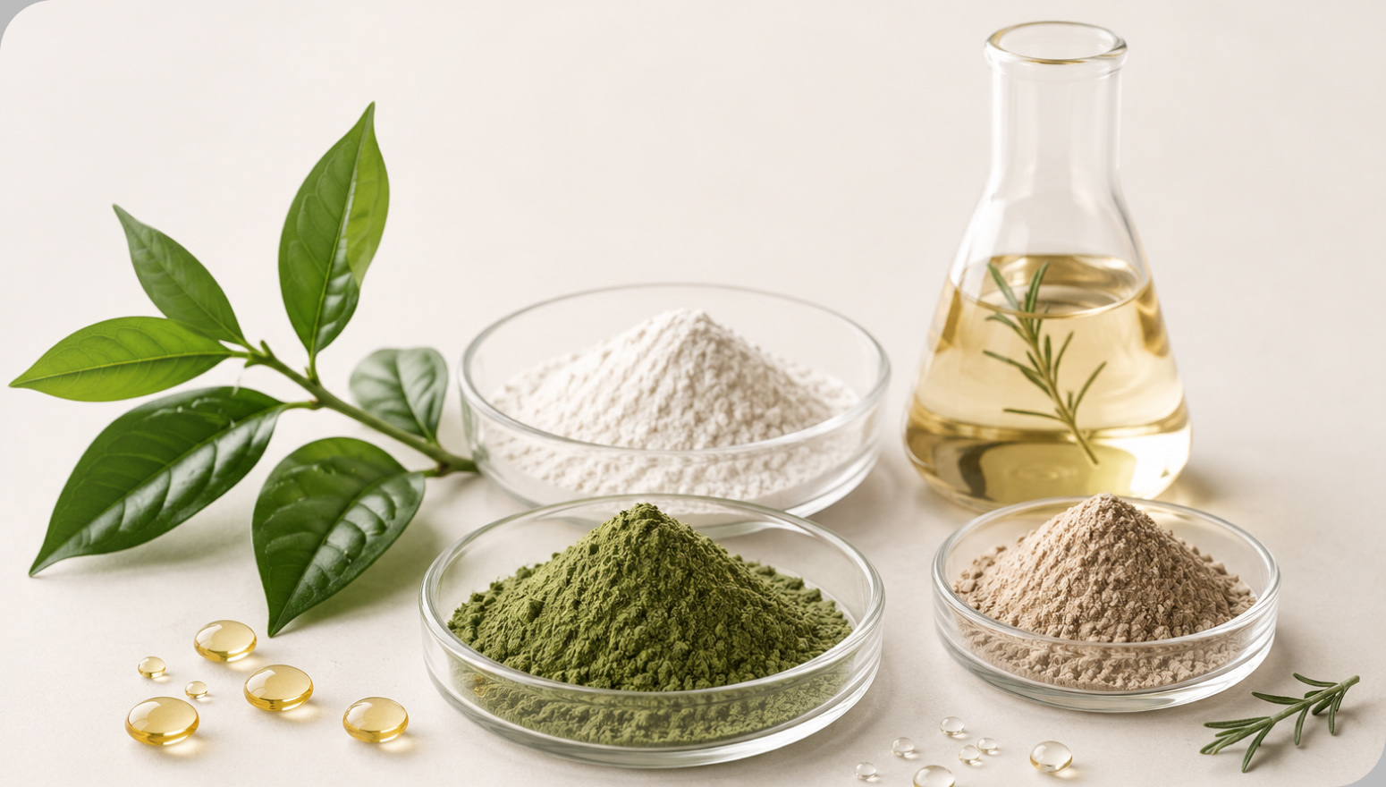 Laboratory ingredients in petri dishes with botanical oils
